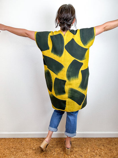 Hand-Dyed Mini Smock Dress Marigold Black Brush