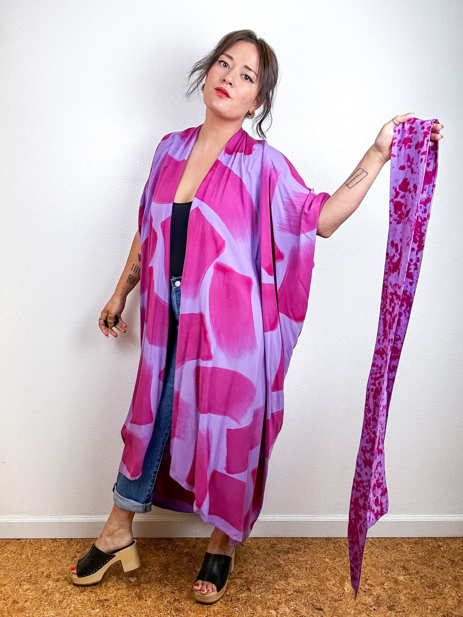 Hand-Dyed High Low Kimono Lilac Amethyst Brush