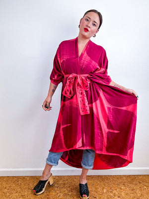 Hand-Dyed High Low Kimono Coral Maroon Arc