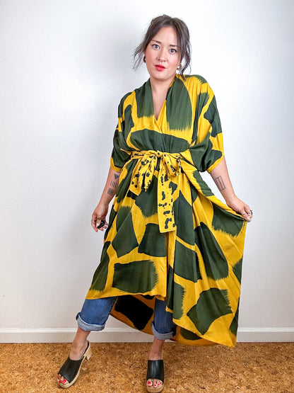 Hand-Dyed High Low Kimono Marigold Black Brush