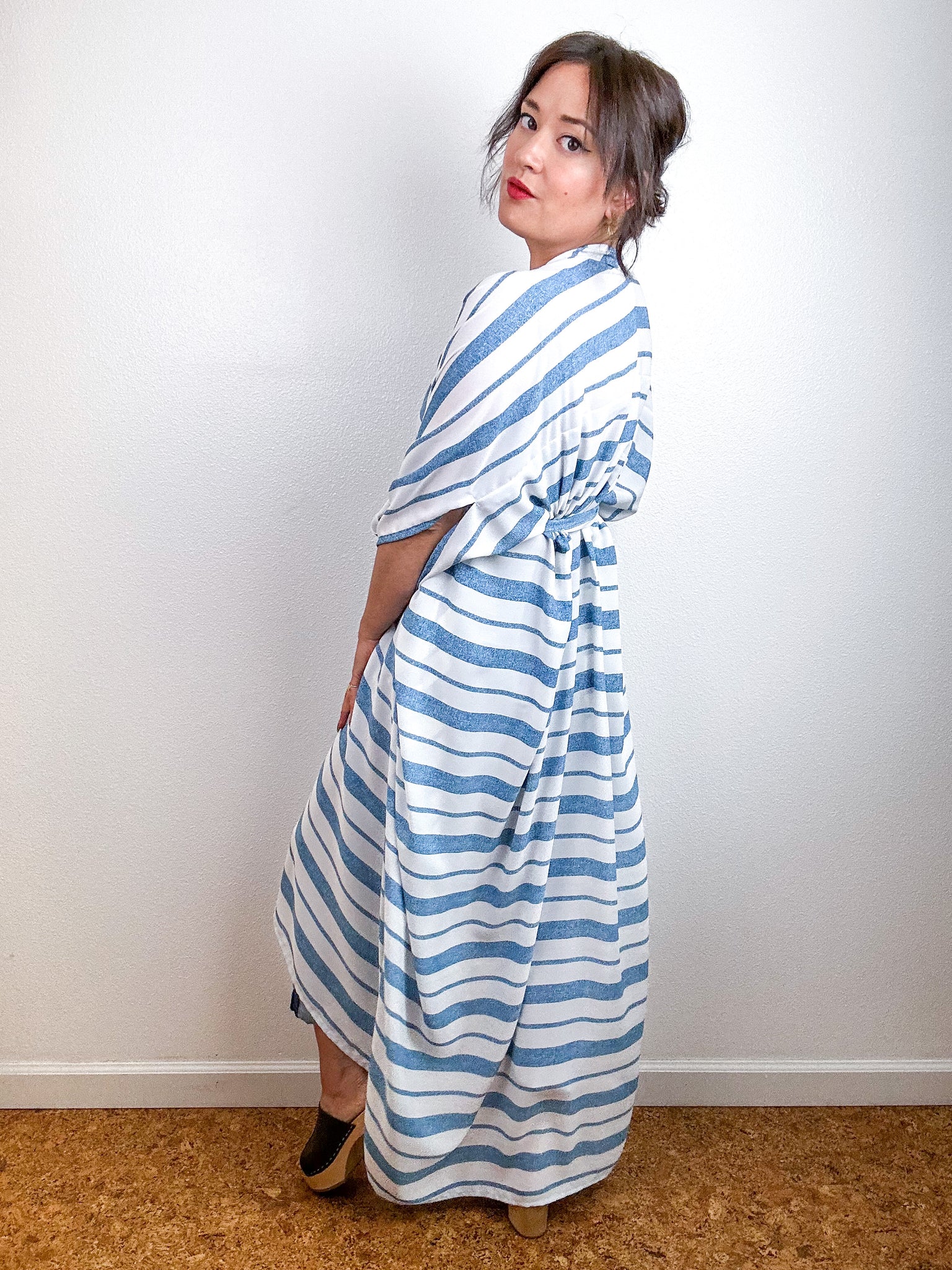 Print High Low Kimono White Blue Stripe Georgette