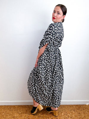 Print High Low Kimono Black White Leopard Challis