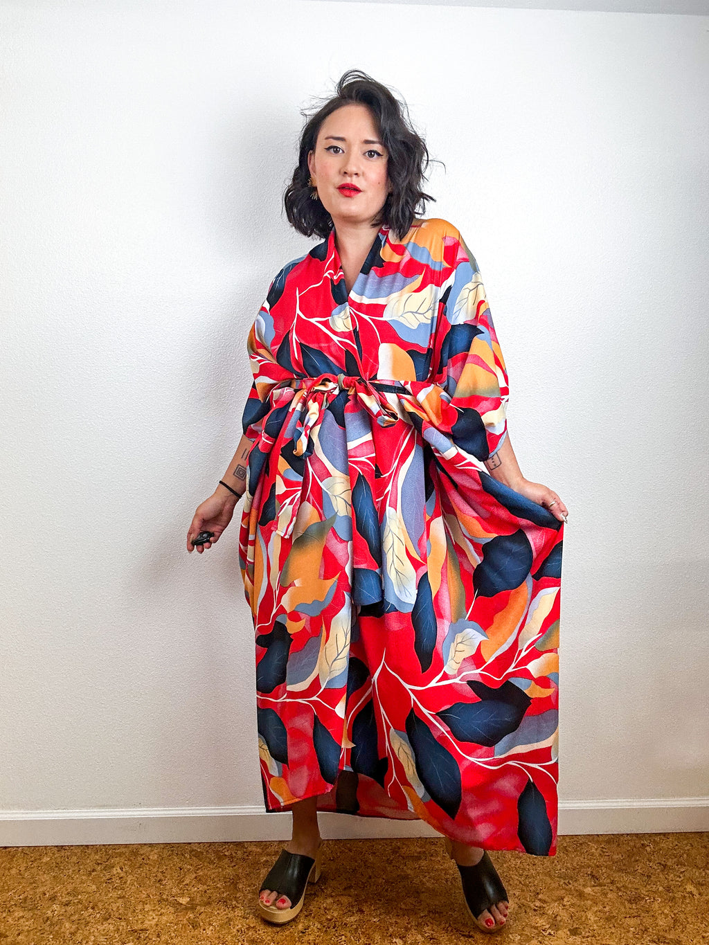 Print High Low Kimono Red Leaves Challis