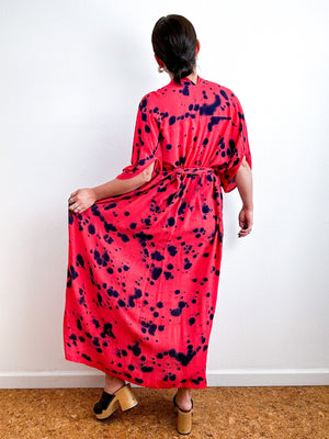 Hand-Dyed High Low Kimono Coral Indigo Speckle