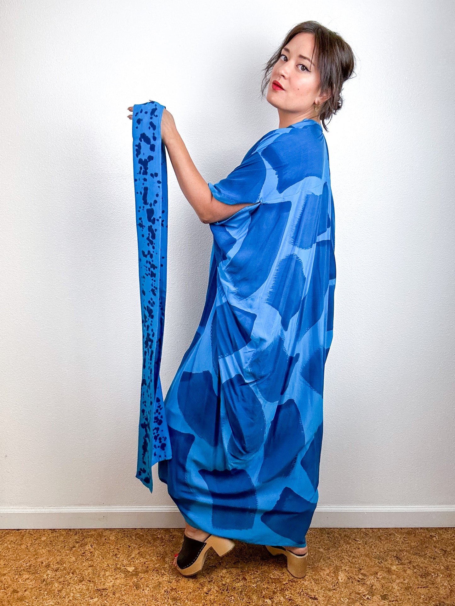 Hand-Dyed High Low Kimono Turquoise Royal Brush