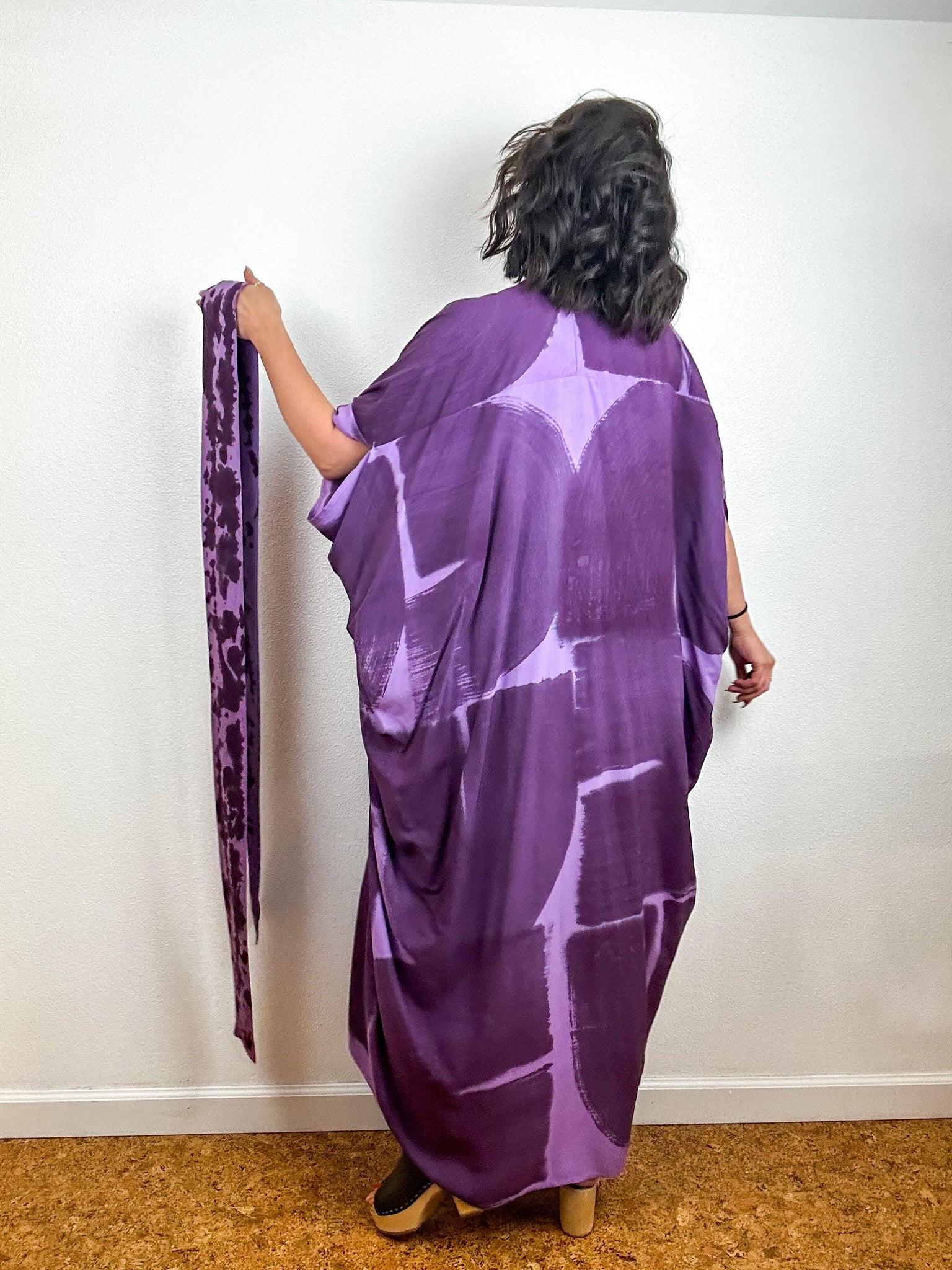 Hand-Dyed High Low Kimono Lavender Plum Brushstroke