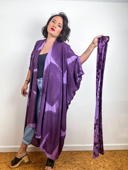 Hand-Dyed High Low Kimono Lavender Plum Brushstroke