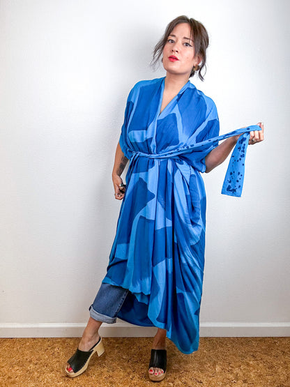 Hand-Dyed High Low Kimono Turquoise Royal Brush