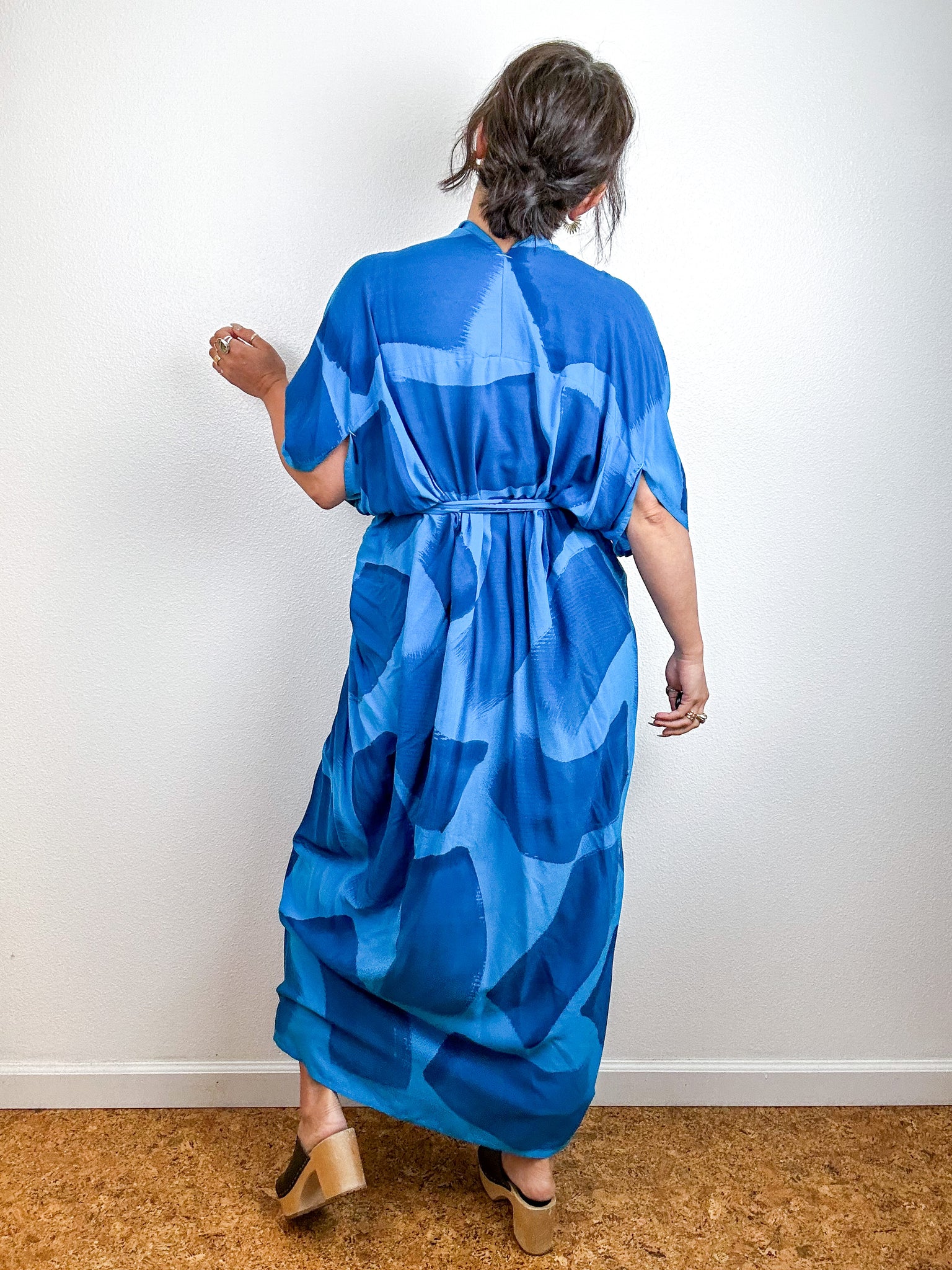 Hand-Dyed High Low Kimono Turquoise Royal Brush