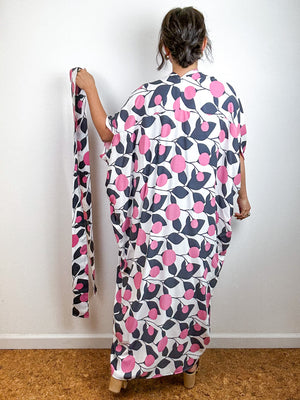 Print High Low Kimono White Pink Grey Mod Floral Challis