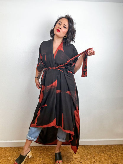 Hand-Dyed High Low Kimono Rust Black Brushstroke