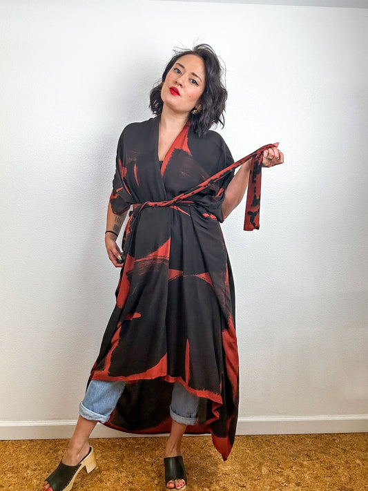 Hand-Dyed High Low Kimono Rust Black Brushstroke