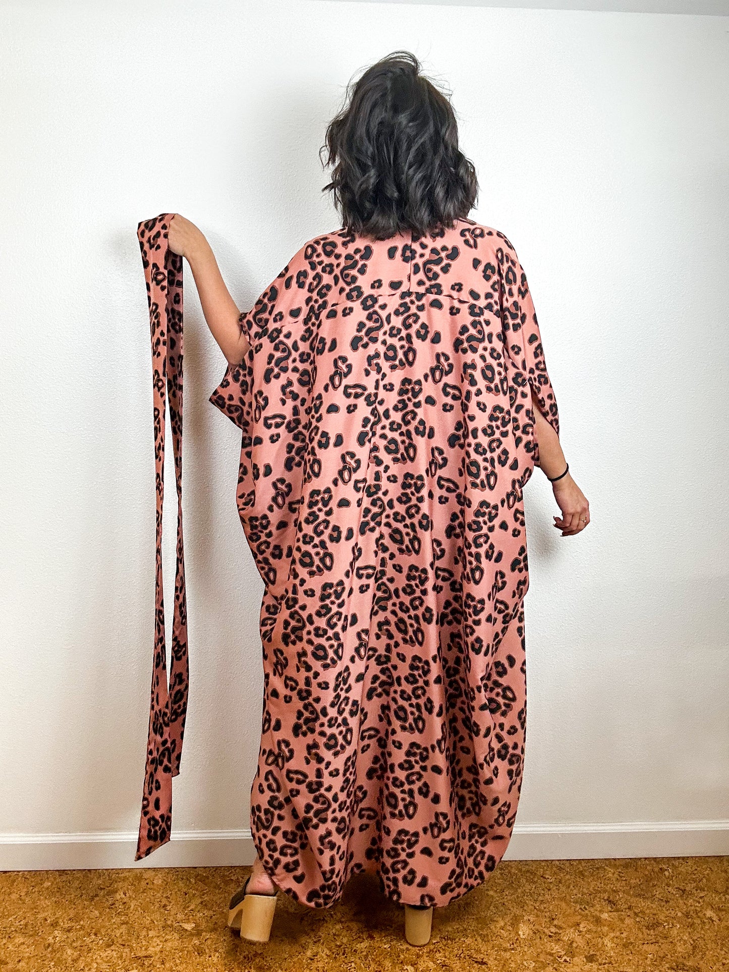 Print High Low Kimono Rose Leopard Crepe de Chine