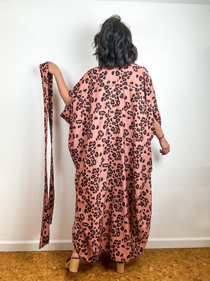 Print High Low Kimono Rose Leopard Crepe de Chine