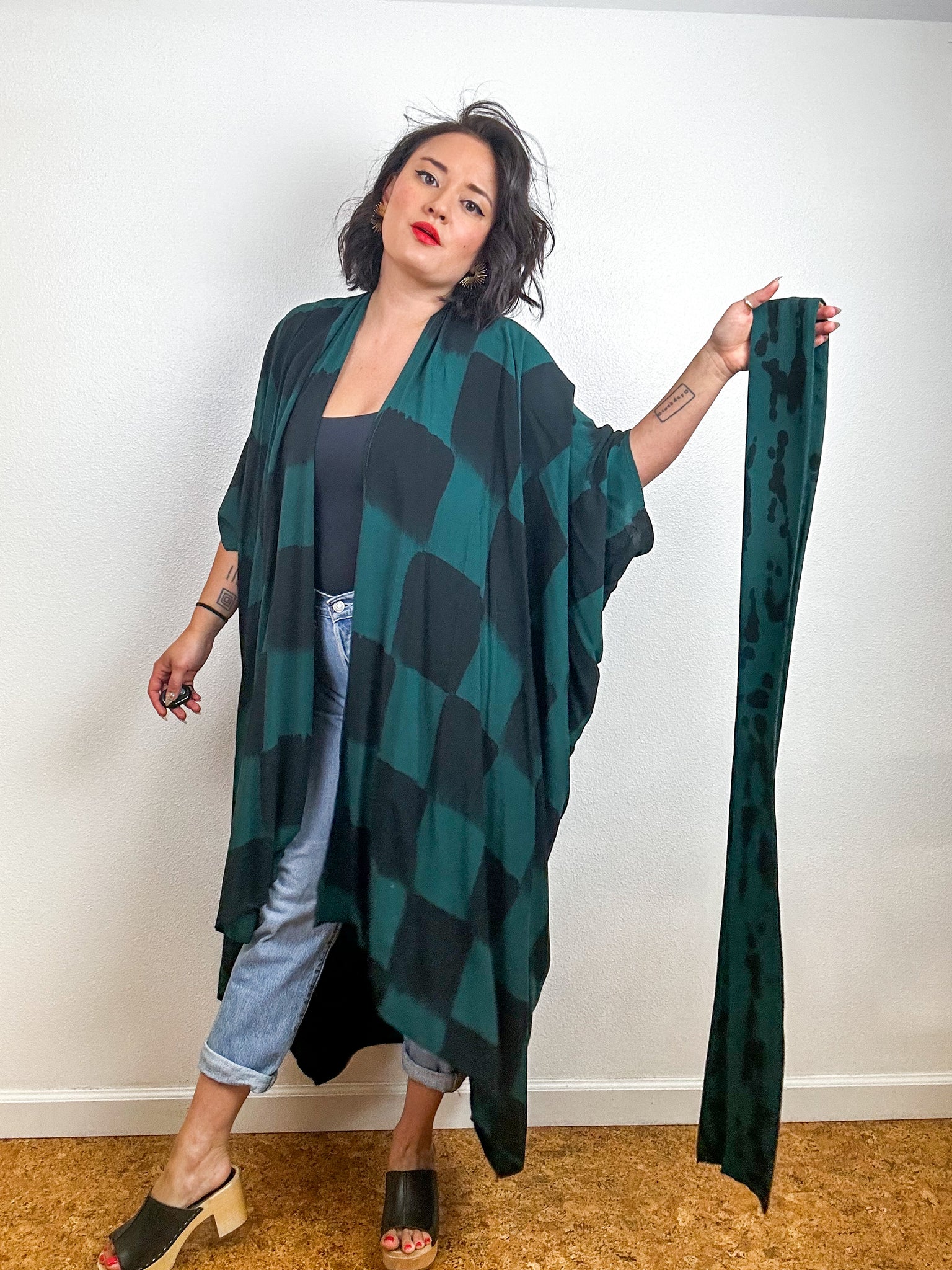 Hand-Dyed High Low Kimono Forest Black Check