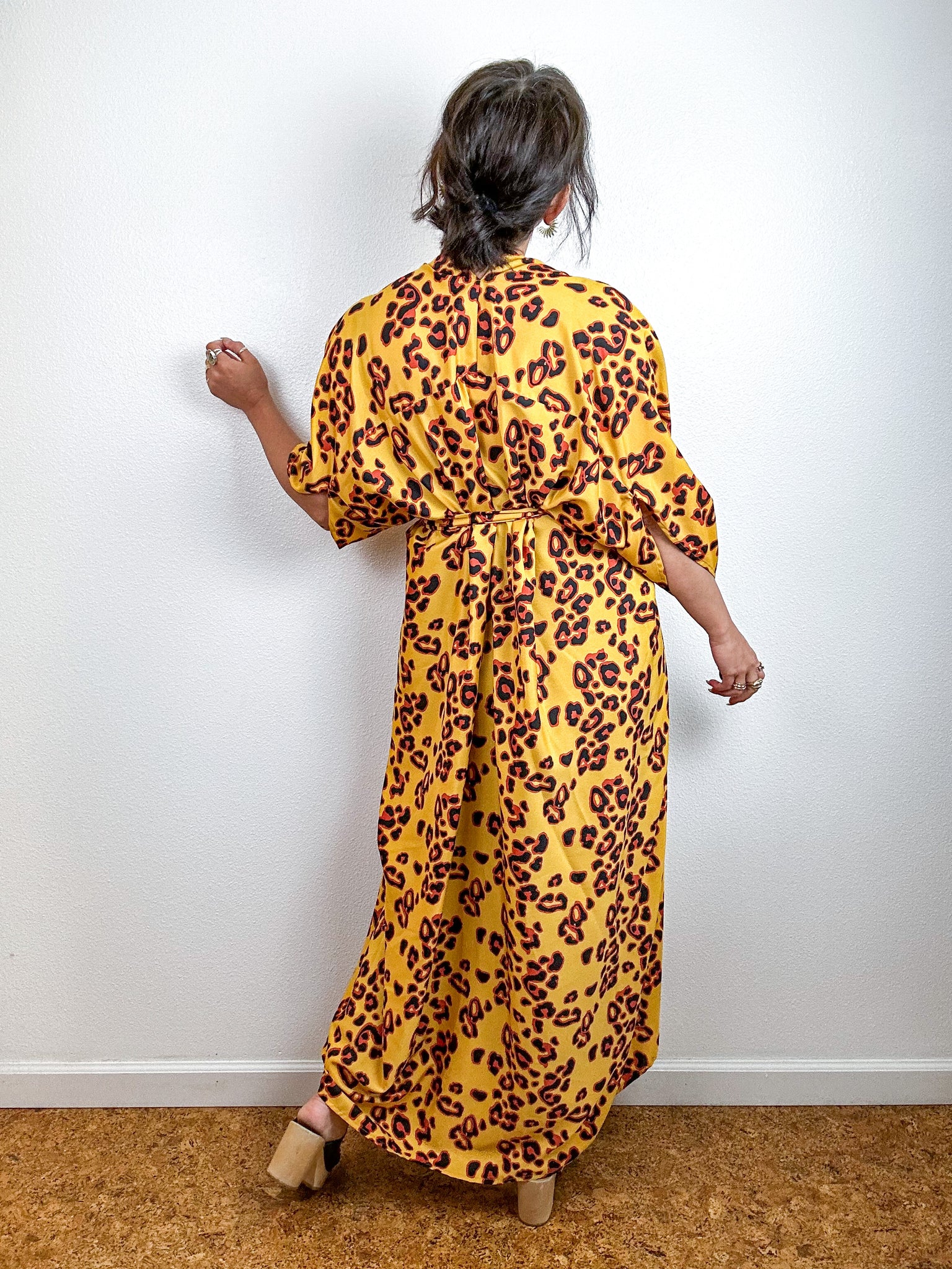 Print High Low Kimono Marigold Leopard Crepe de Chine