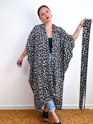 Print High Low Kimono Black White Leopard Challis