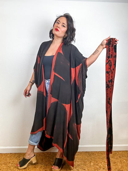 Hand-Dyed High Low Kimono Rust Black Brushstroke