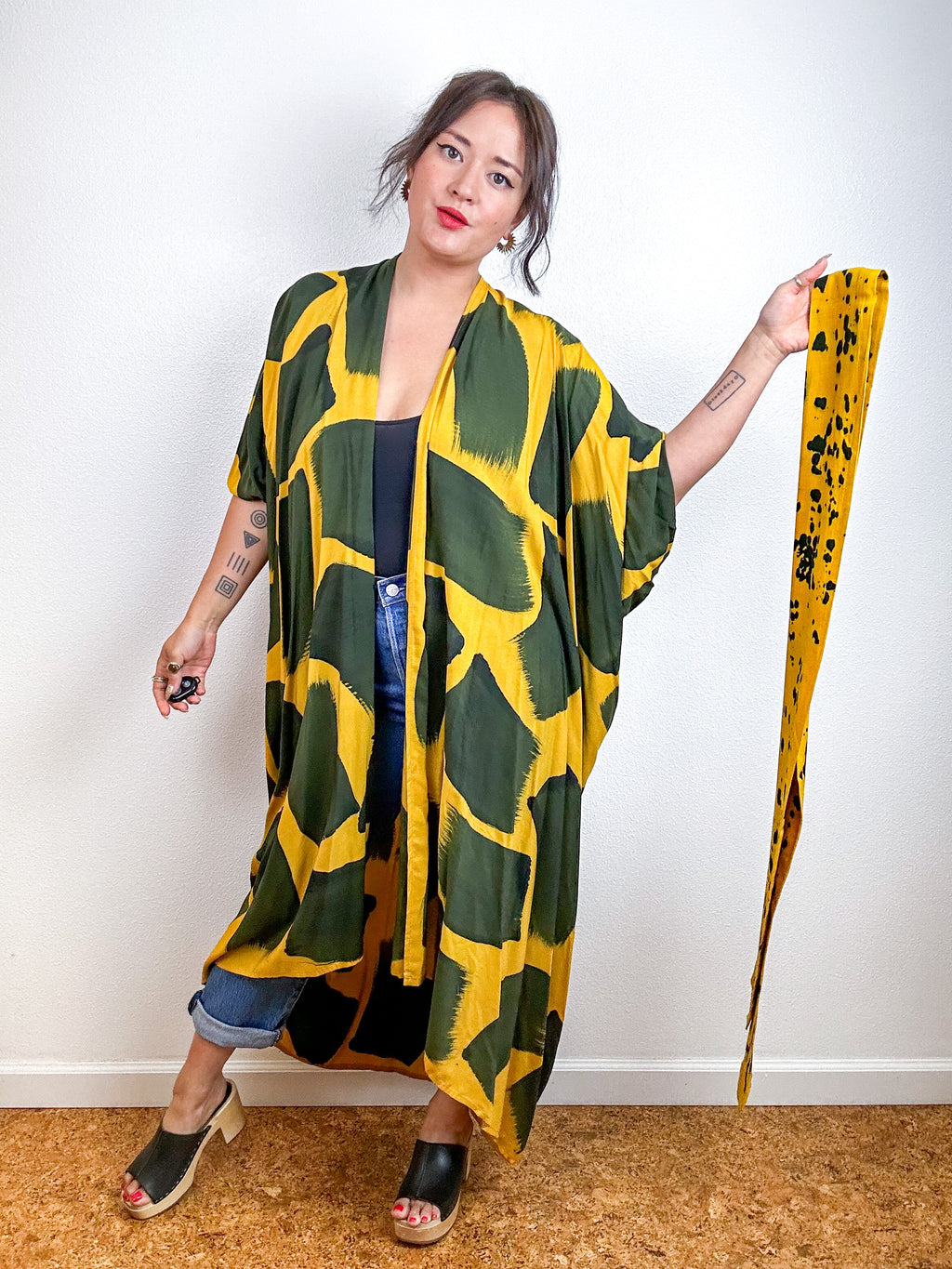 Hand-Dyed High Low Kimono Marigold Black Brush