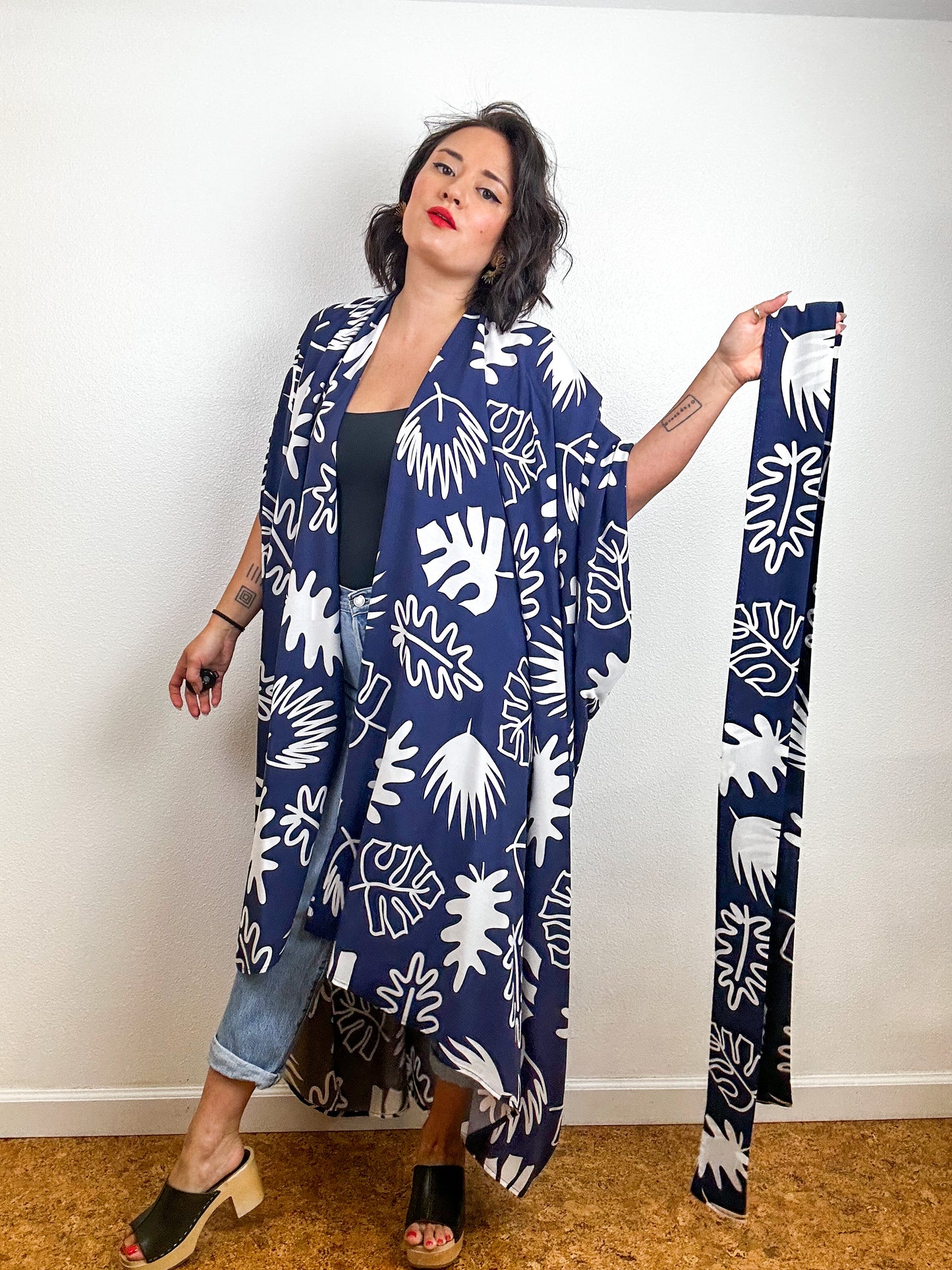 Print High Low Kimono Navy Mod Leaves Challis