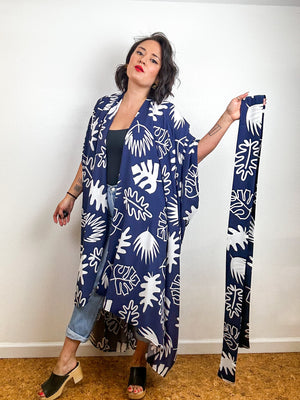 Print High Low Kimono Navy Mod Leaves Challis