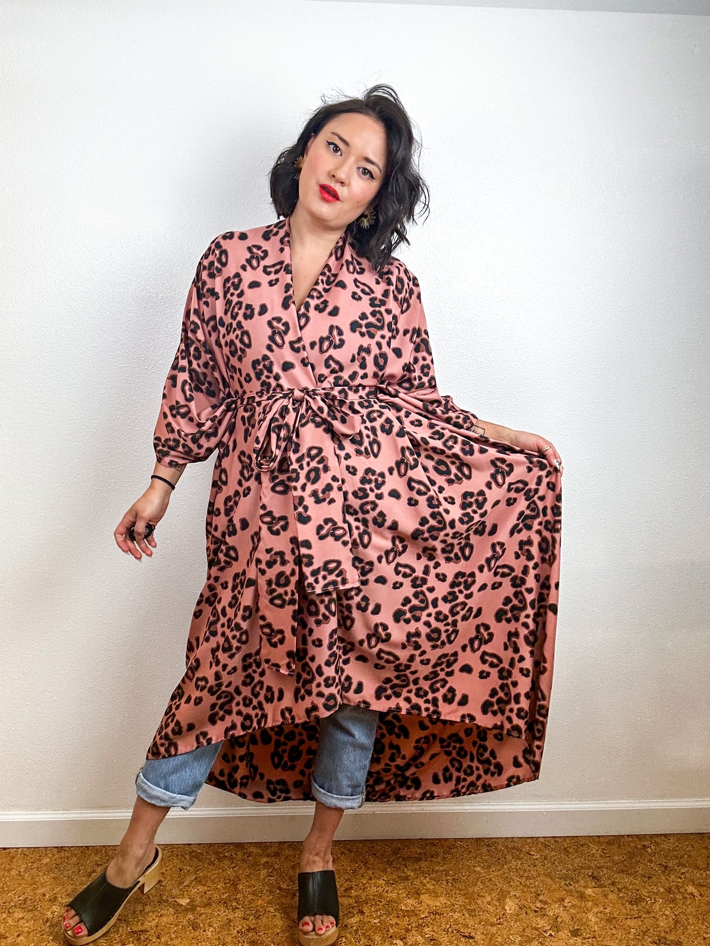 Print High Low Kimono Rose Leopard Crepe de Chine
