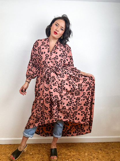 Print High Low Kimono Rose Leopard Crepe de Chine