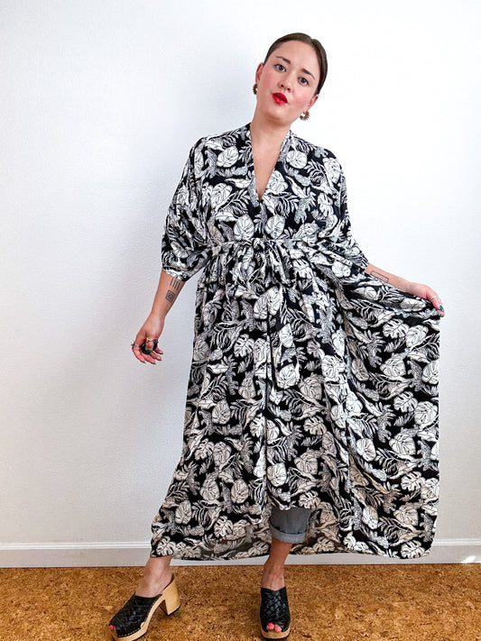 Print High Low Kimono Black White Cheetah Leaves Challis