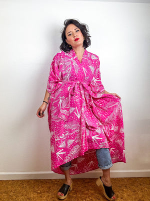 Print High Low Kimono Pink Tropical Challis