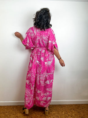 Print High Low Kimono Pink Tropical Challis
