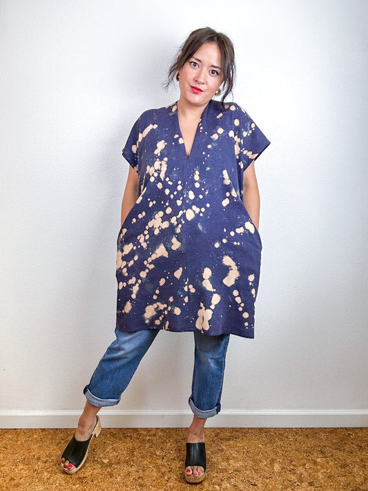 Hand-Dyed Mini Smock Dress Navy Bleach Speckle