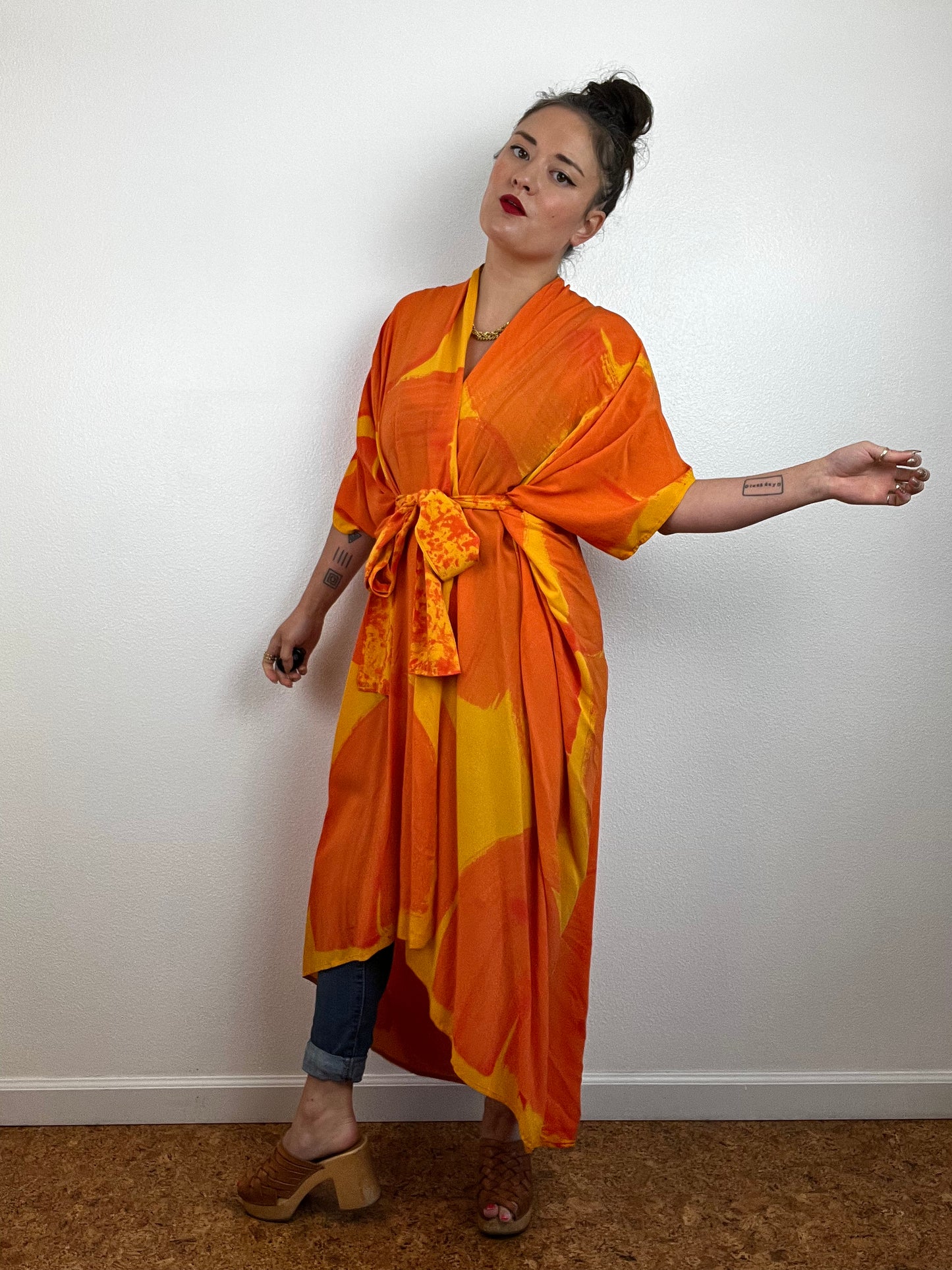 Single Gauze Midi Caftan Dress Green Aqua Brushstrokes