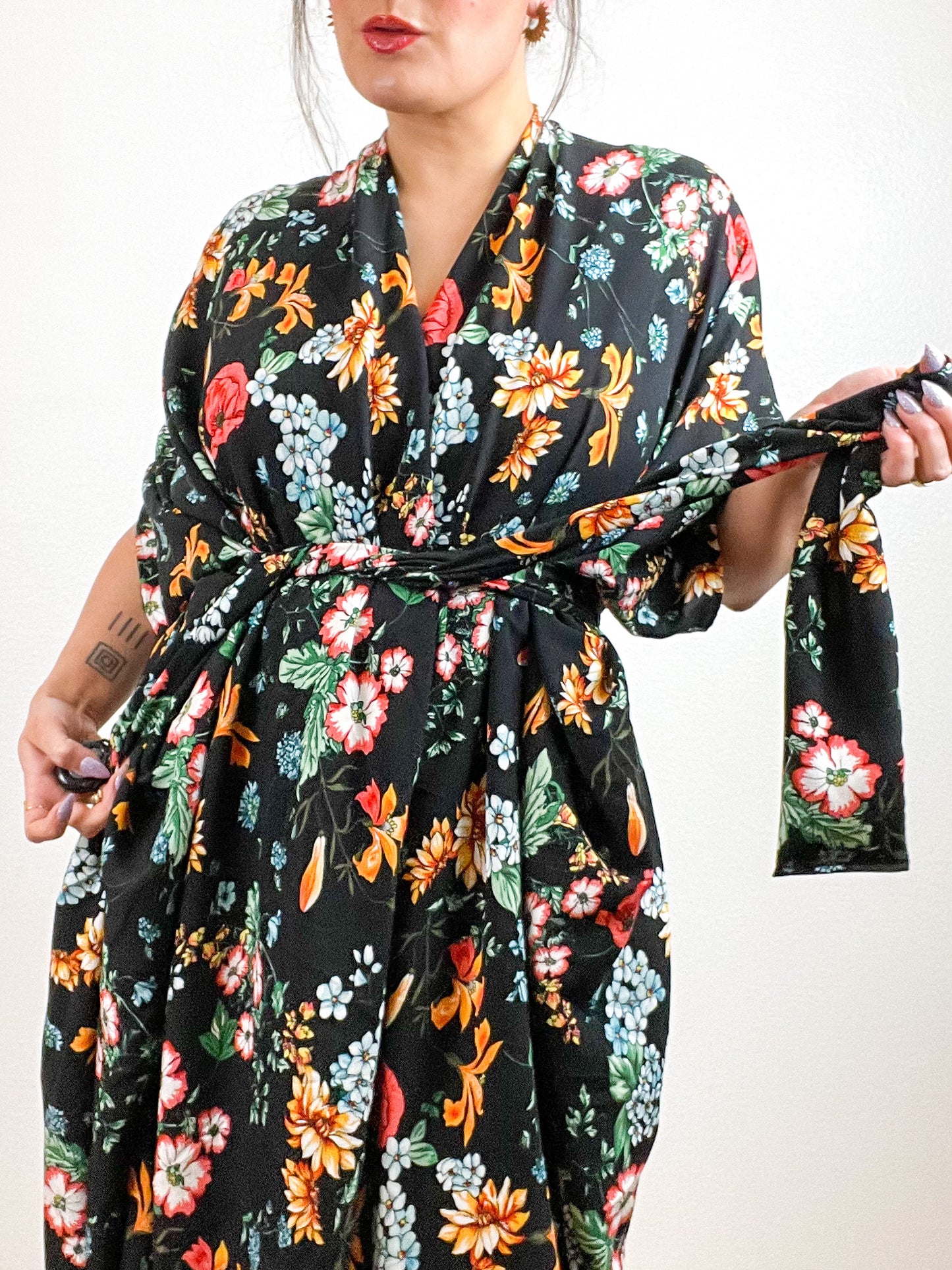 High Low Kimono Black Botanical Rayon Challis