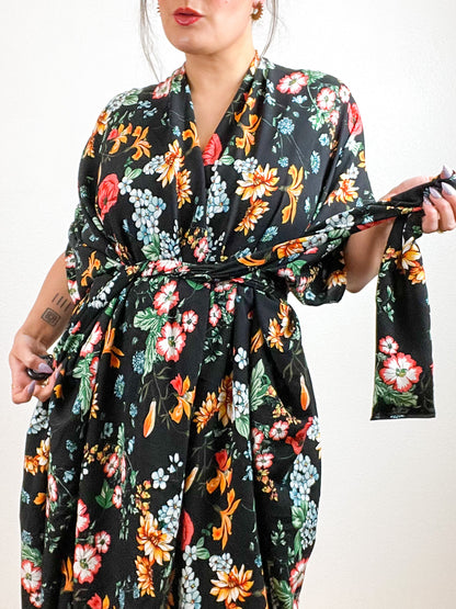 High Low Kimono Black Botanical Rayon Challis