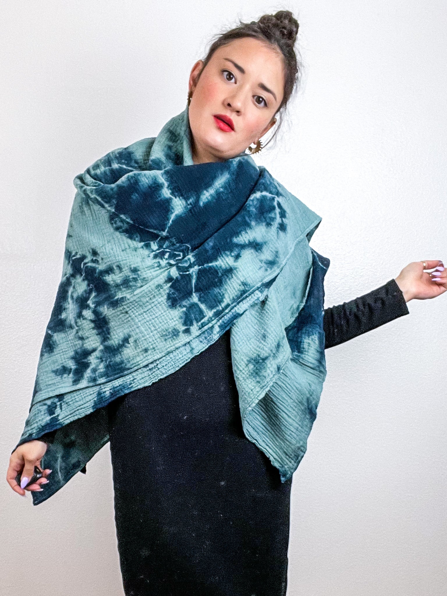 Hand-Dyed Cotton Blanket Scarf Sage Teal Tie