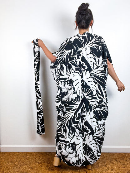 High Low Kimono Black White Large Leaves Challis
