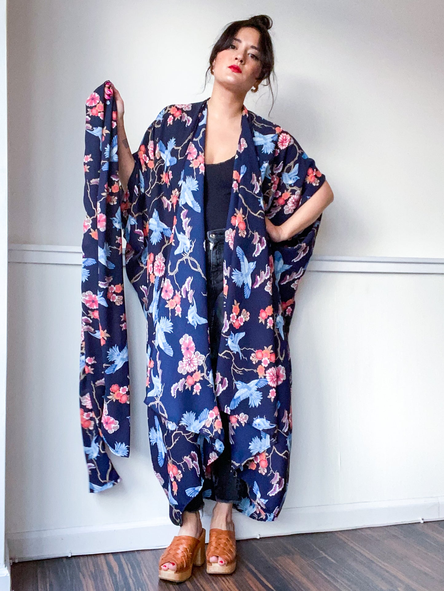 Print High Low Kimono Birds and Branches