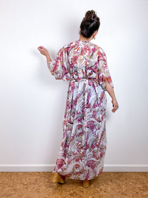 Print High Low Kimono Pink Feathers Chiffon