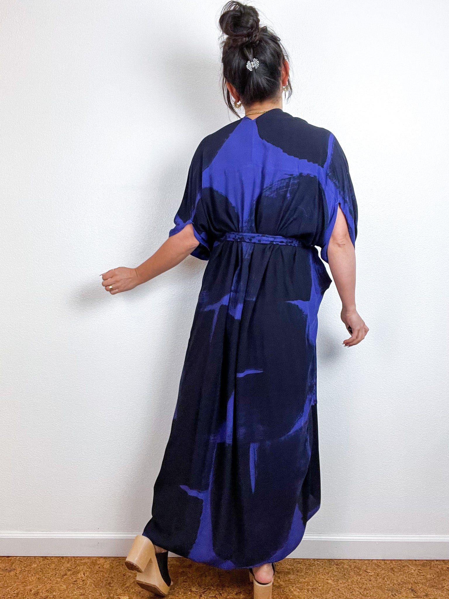 Hand-Dyed High Low Kimono Violet Black Brushstroke