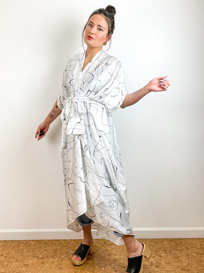 High Low Kimono White Black Abstract Face Hammered Satin