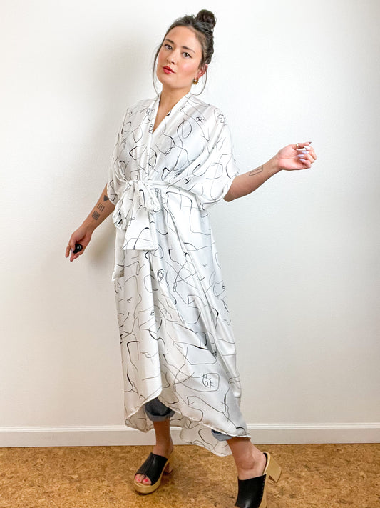 High Low Kimono White Black Abstract Face Hammered Satin