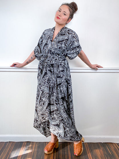 Print High Low Kimono Black White Palms Crepe