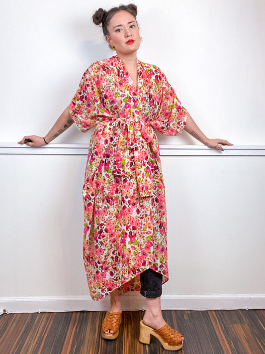 Print High Low Kimono Coral Green Watercolor Chiffon