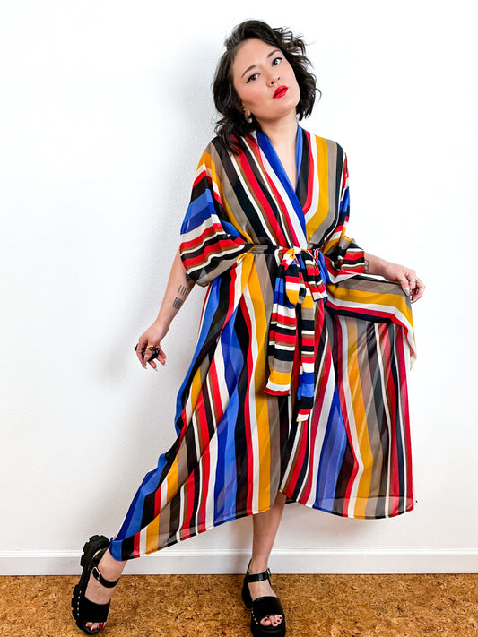 Print High Low Kimono Seventies Stripe Chiffon
