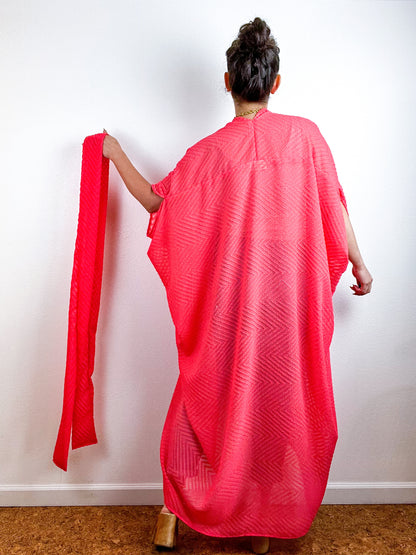 Solid High Low Kimono Coral Flocked Chevron Chiffon