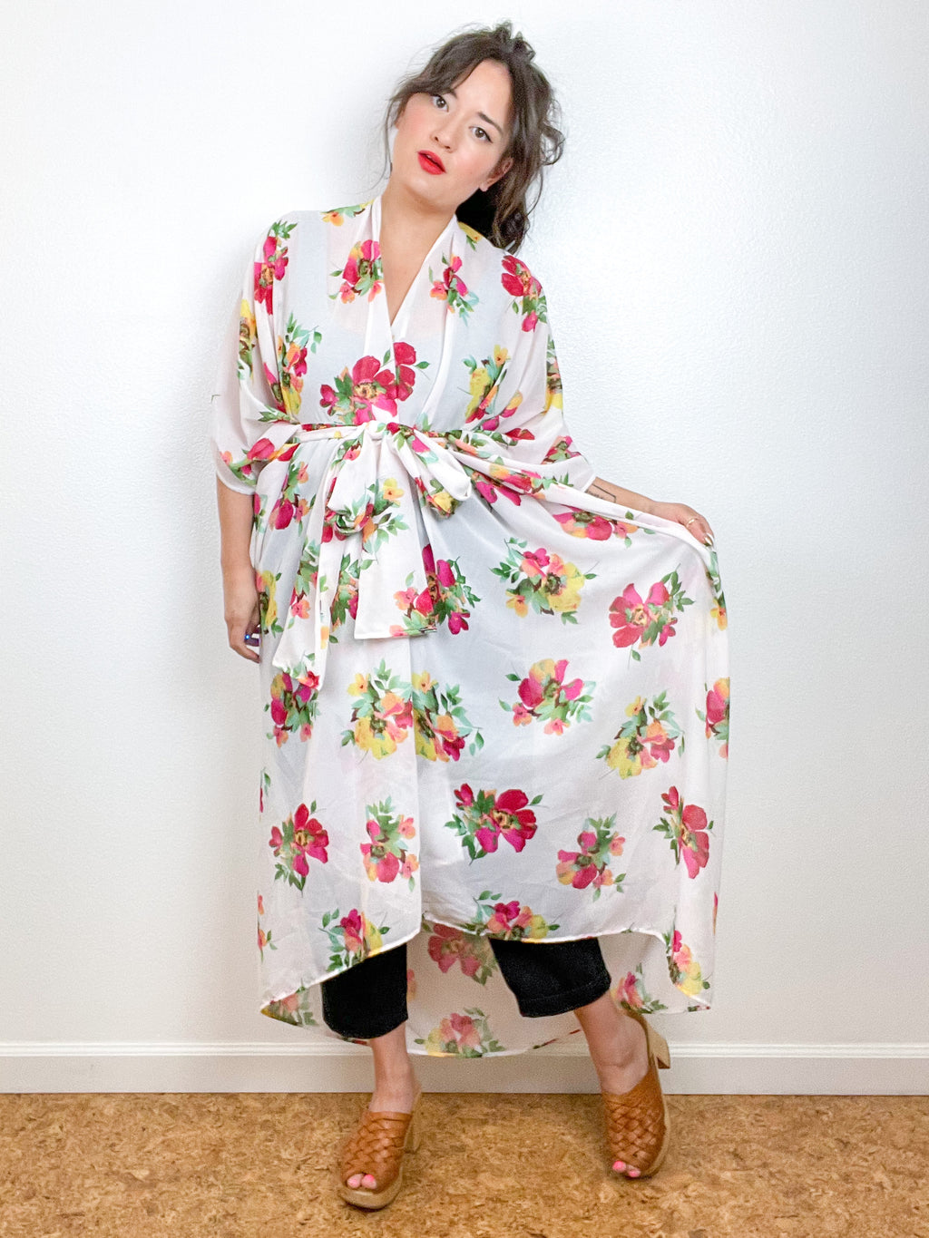 Print High Low Kimono White Floral Chiffon