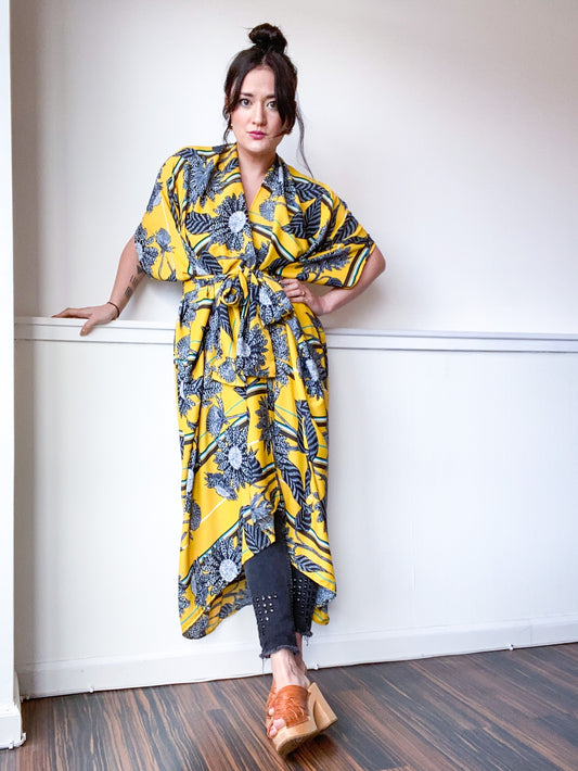 Print High Low Kimono Marigold Sunflower
