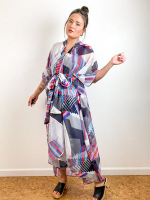 Print High Low Kimono Graphic Diagonals Chiffon