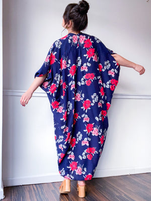 Print High Low Kimono Navy Red Floral