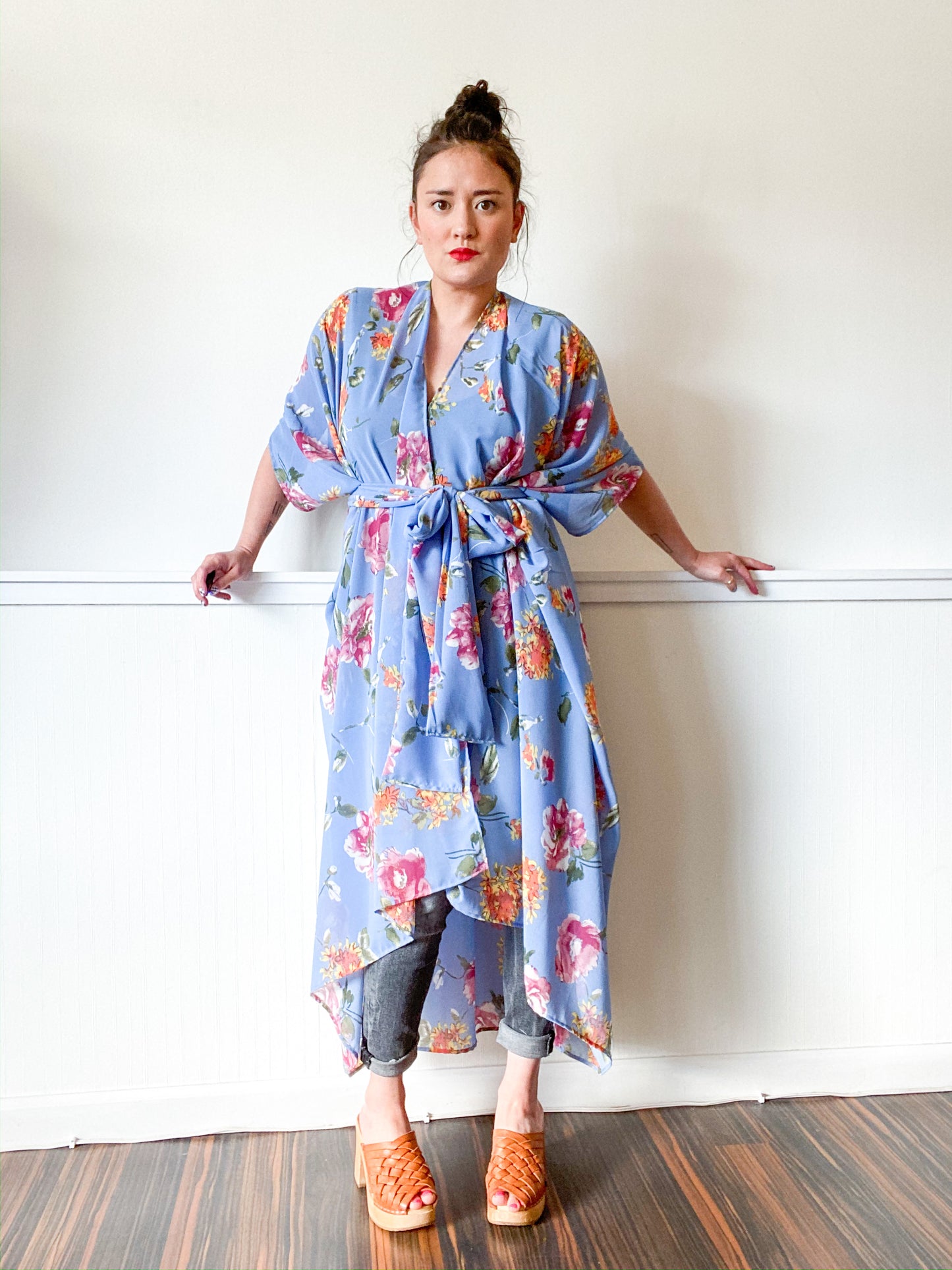 Print High Low Kimono Powder Blue Roses Chiffon